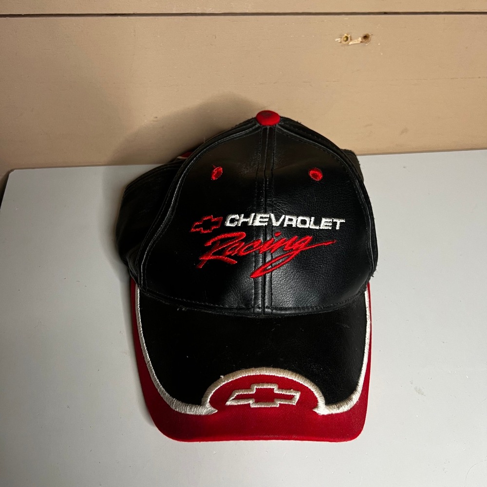 Chevrolet Racing NASCAR Hat Black Red 100% Leather Adjustable Strapback Cap GM